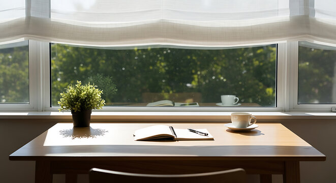 Home Office Desk Setup with Open Notebook, Pen, and Coffee Cup in Front of Sunny Window with Potted Plant, Work From Home