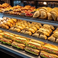 Assortment of delicious pastries and sandwiches in a bakery display case