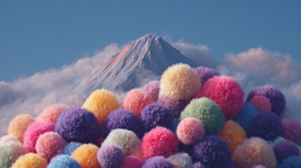 Landscape photograph of a mountain with a clear blue sky and fluffy white clouds in the background. the mountain appears to be covered in snow and has a snow-capped peak.