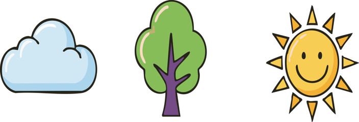 Cartoon cloud, tree, and sun smiling brightly in a simple nature scene, creating a cheerful and optimistic atmosphere for children's content.