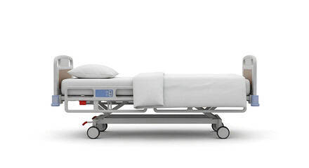 Isolated hospital bed with white sheets and pillow on a white background in a studio shot view ai generated