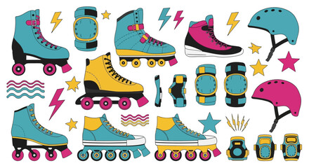 Colorful collection of retro roller skates, rollerblades, and protective gear with decorative elements.