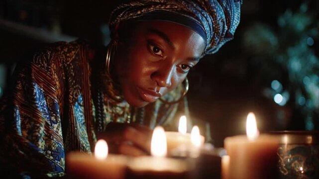 African American Woman Honoring Kwanzaa Traditions with Candles