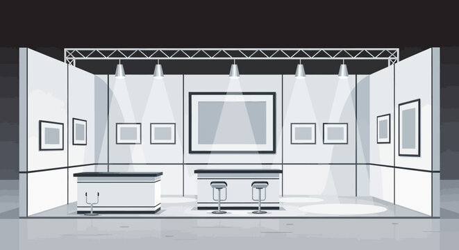 Illustration of a trade show booth with white walls, tables, stools, and lighting.