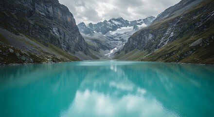 A serene turquoise lake nestled between towering mountains with a cloudy, overcast sky