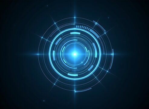 Futuristic digital interface with glowing blue concentric circles and radial lines on a dark background, representing technology and data.