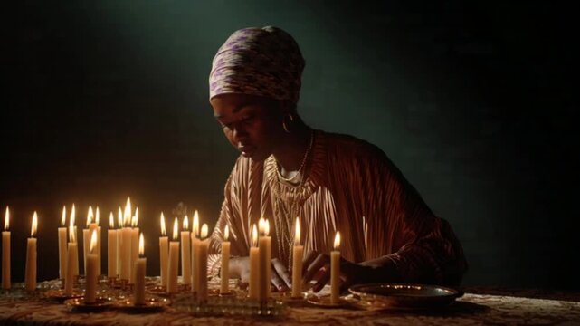 African American Woman Honoring Kwanzaa Traditions with Candles