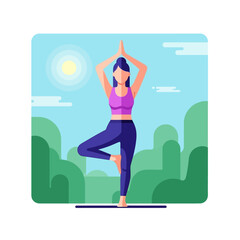 Flat design illustration of a woman practicing yoga tree pose outdoors with a sunny landscape background.