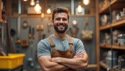 Smiling man with beard stands in workshop with tools on wall. He wears brown suspenders over grey shirt, arms crossed. Shelves with supplies behind him.