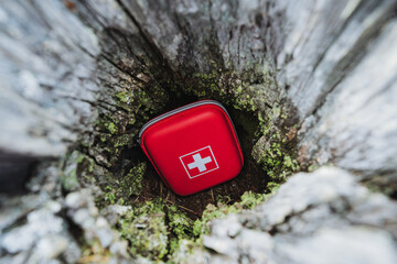 First aid tucked away securely, Compact emergency medical box lodged amidst rough natural surroundings, Survival kit firmly set in rocky outcrop amidst lush greenery and bark textures