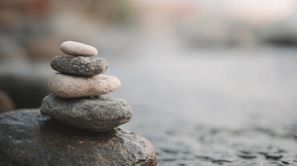 Stack of three pebbles balanced on top of each other on a rock. the stones are of different sizes and colors, with the largest one at the top and the smallest at the bottom.