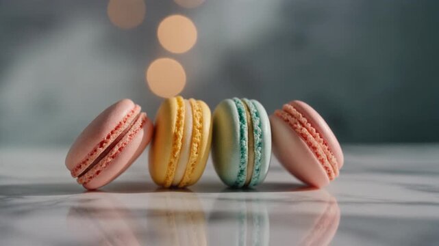 Colorful macarons on marble surface, pastel French desserts