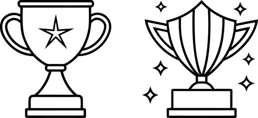 Two trophy designs, set against a stark white background, are displayed. The first, on the left, presents a solid black trophy, radiating outward lines suggesting movement and stars. The trophy is a c