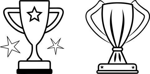 Two trophy designs, set against a stark white background, are displayed. The first, on the left, presents a solid black trophy, radiating outward lines suggesting movement and stars. The trophy is a c