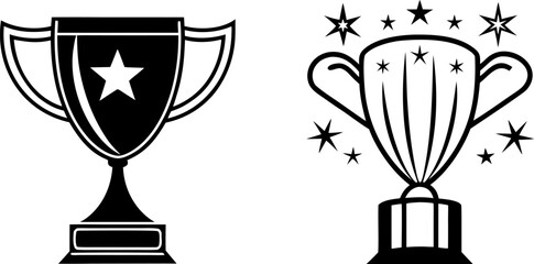 Two trophy designs, set against a stark white background, are displayed. The first, on the left, presents a solid black trophy, radiating outward lines suggesting movement and stars. The trophy is a c