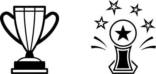 Two trophy designs, set against a stark white background, are displayed. The first, on the left, presents a solid black trophy, radiating outward lines suggesting movement and stars. The trophy is a c