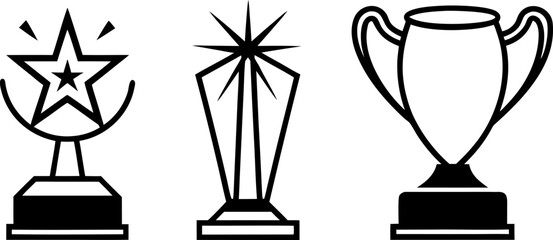 Two trophy designs, set against a stark white background, are displayed. The first, on the left, presents a solid black trophy, radiating outward lines suggesting movement and stars. The trophy is a c