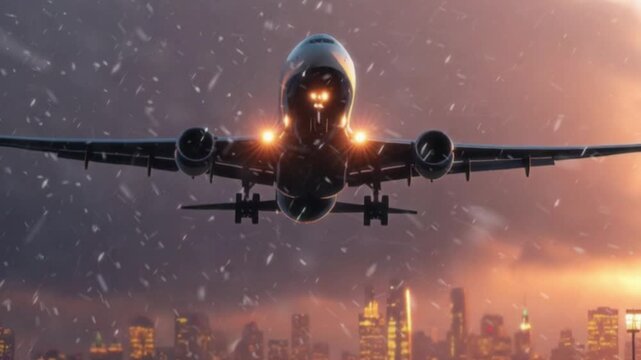 Commercial Airplane Taking Off from Snowy Airport at Night