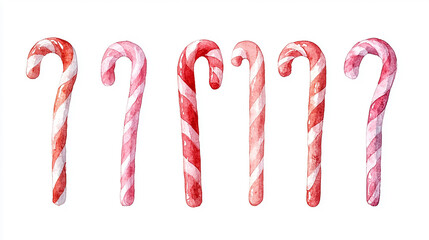 A collection of colorful candy canes in various shades of red and pink, featuring traditional striped patterns, ideal for holiday themes