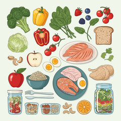A detailed illustration of various healthy food items, including vegetables, fruits, and protein sources.