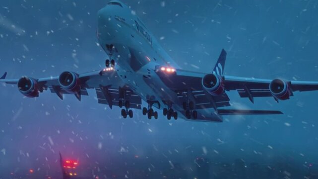 Passenger Aircraft Departing Snowy Airport During Nighttime