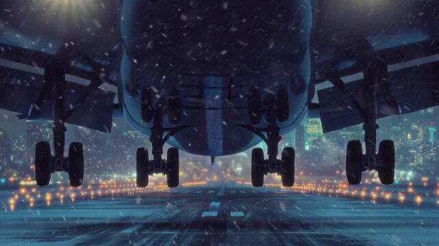 Plane Taking Off in Winter Weather at Night Airport
