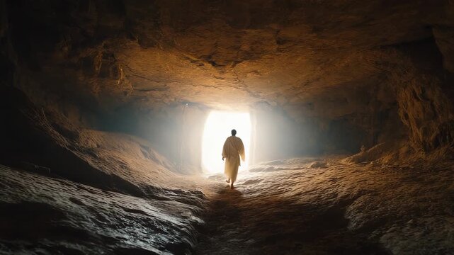 rocky cave parts to reveal flood light at the exit. Jesus walks into it, every motion declaring resurrection victory. Hope overcomes darkness. spiritual divine radiance offers freedom, endless hope