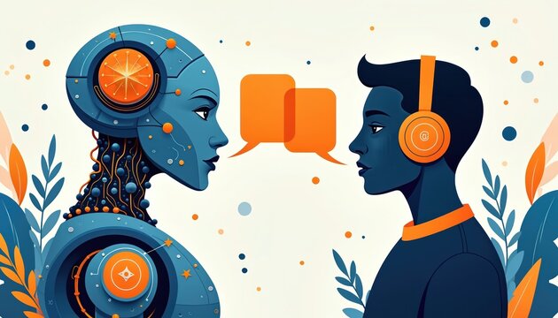 Illustration presents robot talking with person. Human wears headphones. Speech bubbles signify dialogue. Design demonstrates AI interaction communication in modern tech industry.