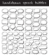 Fototapeta premium Collection of hand drawn speech bubbles and thought clouds in various shapes and styles on a white background