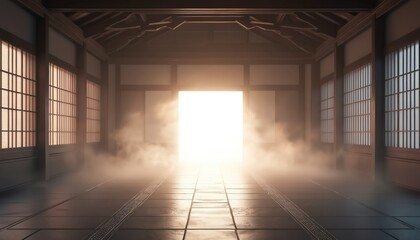 Japanese dojo interior illustration with bright light. Wooden walls feature traditional architecture. Empty room with hazy atmosphere is perfect for martial arts or meditation practices.