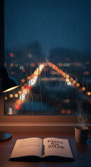 Rainy Night Plans Desk Lamp Book and Coffee with City View