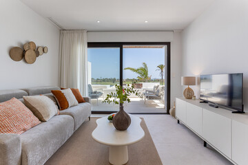 Bright modern living room with terrace and stylish decor