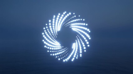 Pre-dawn blue hour over open sea as cool-white lights form a tight double-helix that untwists once; faint marine haze creates gentle volumetric glow; locked mid-wide camera, horizon excluded - Powered by Adobe