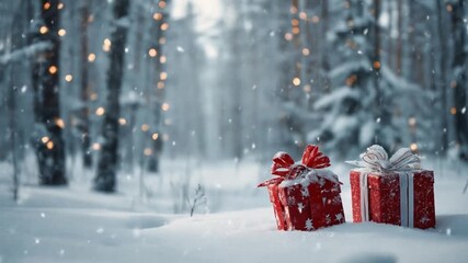 Snowy forest scene with twinkling lights and two red gift boxes resting on pristine snow. Soft glow - Powered by Adobe