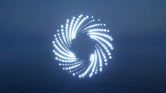 Pre-dawn blue hour over open sea as cool-white lights form a tight double-helix that untwists once; faint marine haze creates gentle volumetric glow; locked mid-wide camera, horizon excluded