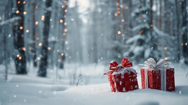 Snowy forest scene with twinkling lights and two red gift boxes resting on pristine snow. Soft glow