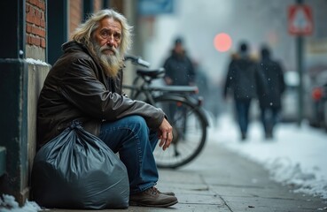 Elderly man with long beard sits alone on cold city sidewalk next to large black bag. Winter weather affects pedestrians, parked bicycle, street scene. He wears jeans and brown jacket.