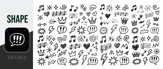 Collection of hand drawn doodle icons and symbols featuring music notes hearts lightning bolts and speech bubbles © Naimul