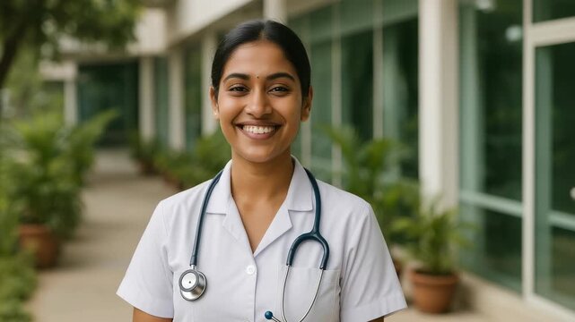 A smiling nurse in uniform with a stethoscope, captured in a medium close-up angle, ideal for healthcare video content or medical promotions. - Powered by Adobe