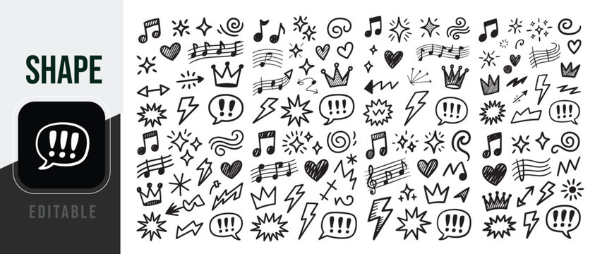 Collection of hand drawn doodle icons and symbols featuring music notes hearts lightning bolts and speech bubbles
