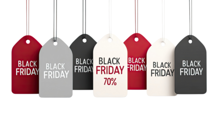 Black Friday advertisement with sale tags showing varying discount percentages, promotional shopping offer, retail marketing and big seasonal deal isolated on white background