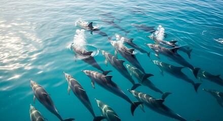 Naklejka premium A school of fish swims in clear blue ocean water under sunlight.