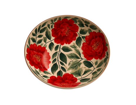 a simple bowl with red flowers painted on it, green leaves painted in the middle of each flower, and a white background
