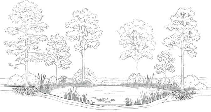 Create Architectural Drawings, Minimal style cad tree line drawing, Side view, set of section wetland forest outline for landscape design drawing. Vector illustration in seperate element