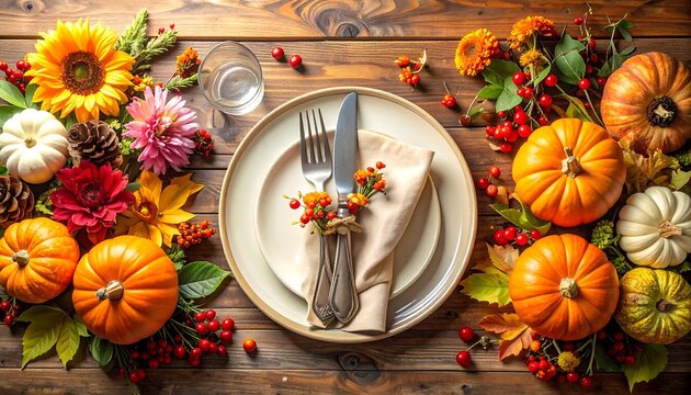 Thanksgiving Table Setting with Pumpkins and Autumn Flowers.