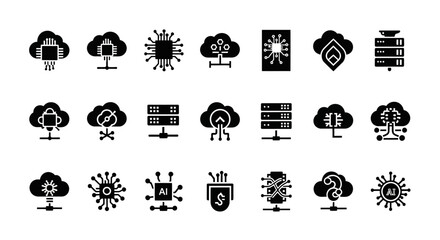 Collection of Black and White Cloud Computing and AI Icons.