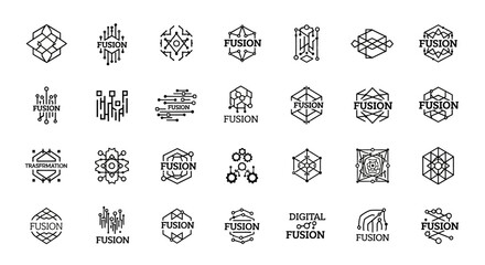 Collection of Black and White Fusion Logos with Geometric Designs.