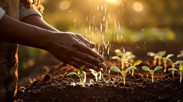 Planting seedling with hand in soil. Gardener places plant for growth. Water nourishes soil and supports agriculture. Farming practice focuses on sustainability. Organic care boosts yield. Warm soil.