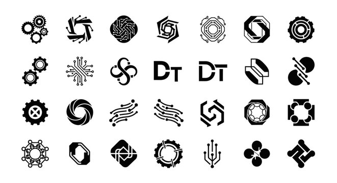 Collection of Black and White Tech Logos and Icons on White Background.
