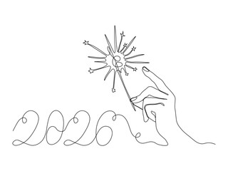 Happy New Year holiday card, hand with Bengal fire, sparkler and numbers 2026. continuous single one line art hand drawing sketch, logo on white background
